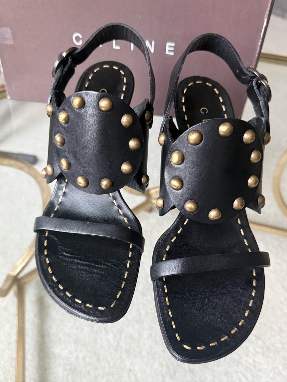 Celine Black Leather Gold Studded Punjab Sandals Msrp Approx $1200 View 5